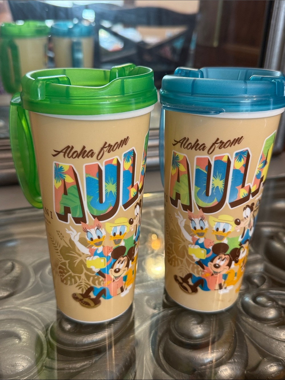 Disney Resort Aloha from Aulani Refillable Travel Tumblers Green Blue Lids